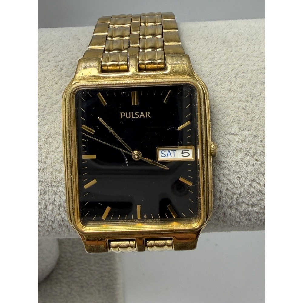 Pulsar V733-5000 New Battery Mens Tank Watch 28MM 7" Gold Tone Vintage